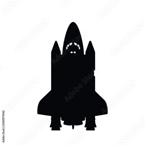 Space shuttle illustration and silhouette, front view, one detailed line art version with visible structure and components, and one solid black silhouette version, symmetrical design, clean vector sty