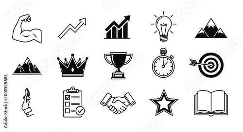 set of success and achievement icons on white background