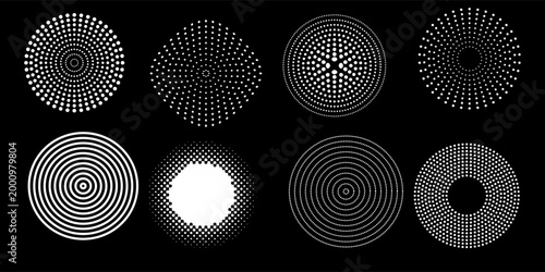 Black concentric circle set. Sonar or sound wave ring collection. Dotted and linear epicentre, target, radar icon concept. Ripple radial signal or vibration elements. Vector line and halftone symbols