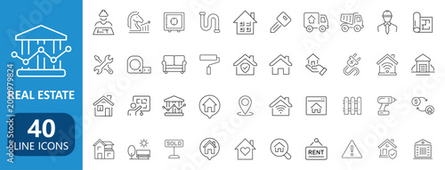 Real Estate line icon set. Containing Purchase and sale of housing, House, Agent, realty, property	
