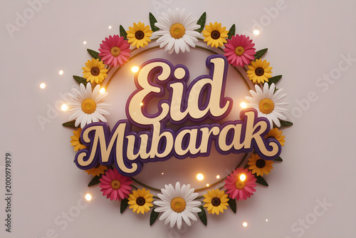 Eid Mubarak greeting card with floral wreath, festive Islamic holiday celebration background, elegant 3D typography with daisies and sunflowers