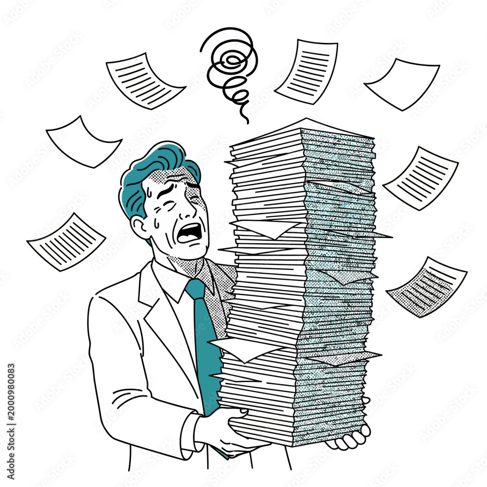 Foto Man overwhelmed by huge stack of papers while stressed