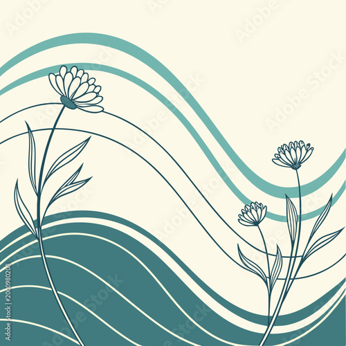 Teal floral wave abstract background