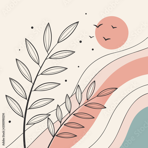 Minimalist rainbow illustration with smiling sun and leaves