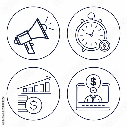 Business icons set with megaphone clock money and laptop
