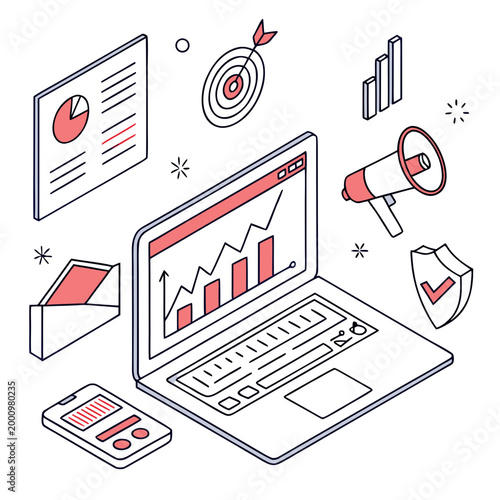 Laptop with business graphs and charts icons