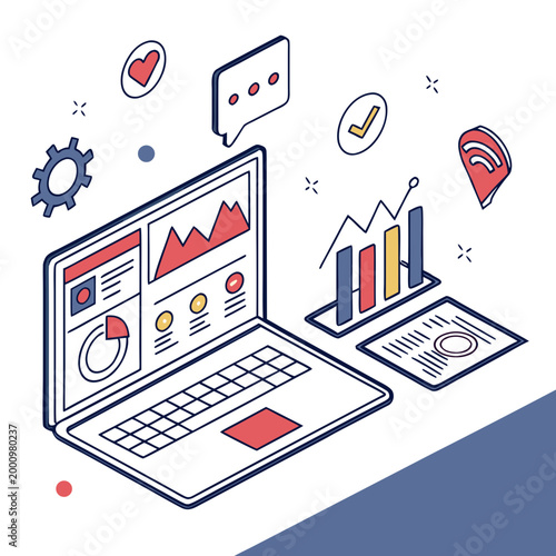 Laptop with business graphs and icons on screen