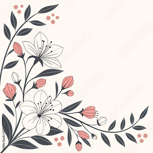 Floral border with pink flowers and leaves