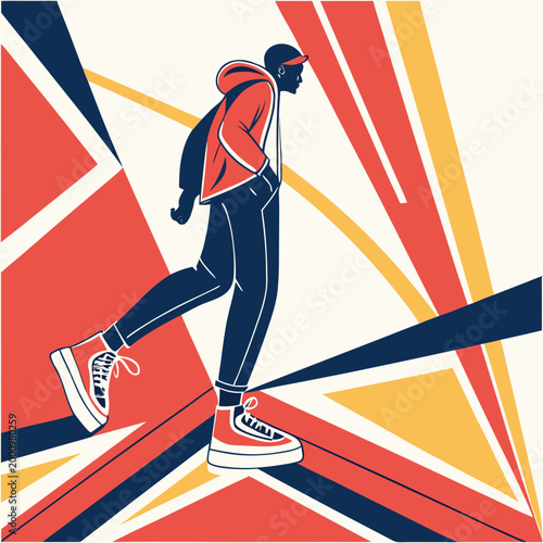 Young man walking with backpack in abstract background