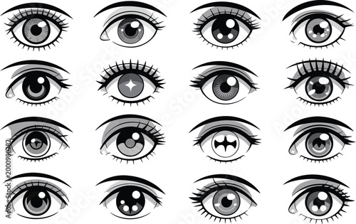 Anime eye set, 16 expressive black and white eyes collection 4x4 grid detailed manga style illustration