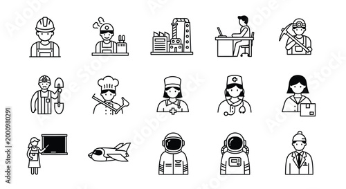 occupational icons set in black and white line art