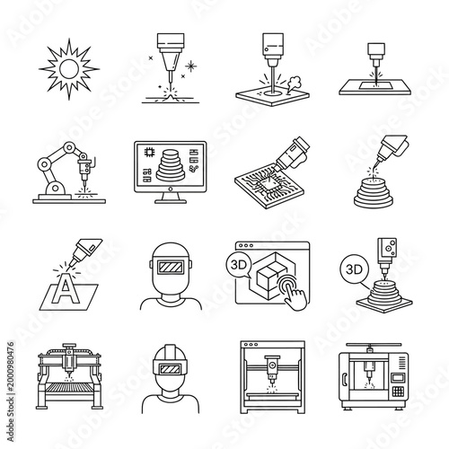 A collection of industrial 3D printing icons depicting various machines and processes.