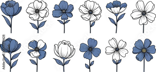 Delicate floral arrangement a collection of blue and white sketch style flowers on a white background