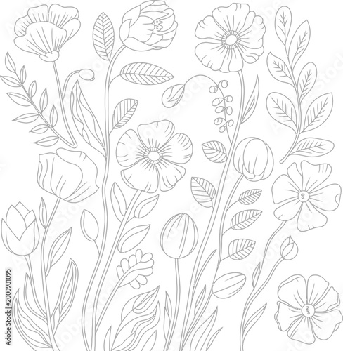 Floral pattern illustration, black and white flower design poppy tulip leaves seamless line art background