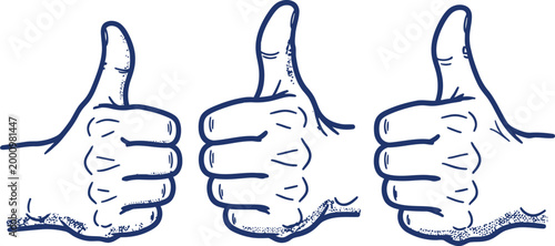 Three sketchy thumbs up illustrations a positive reinforcement and approval symbolism in black and white