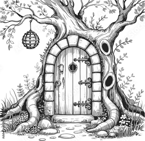 Fairy tree house illustration, whimsical stone doorway fantasy entrance pencil sketch detailed fantasy art design