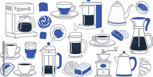 Whimsical sketch of various tea and coffee vessels in blue and white tones
