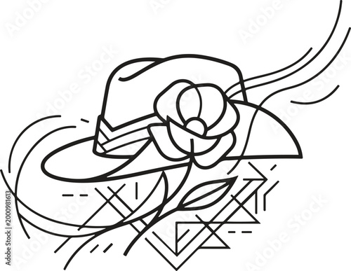 Minimalist line art illustration of a cowboy hat with a flower and geometric patterns.
