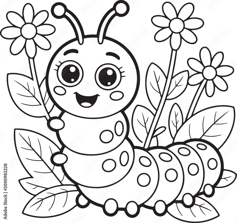 Fototapeta premium An adorable cartoon caterpillar with antennae stands among beautiful blooming flowers and leaves