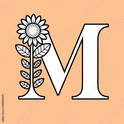 Letter M floral illustration, decorative alphabet with sunflower and leaves black and white line art coloring page
