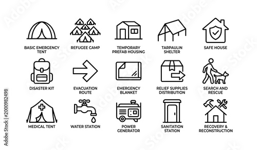 Emergency shelter and relief icons arranged in a grid