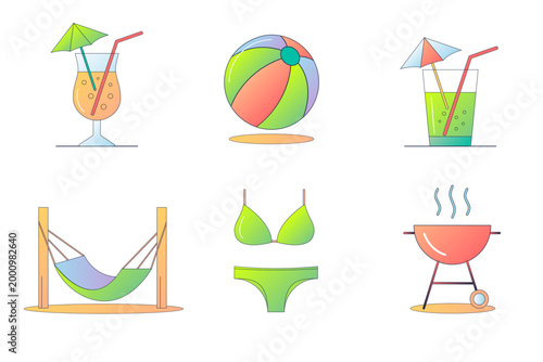 Summer Activities Icons Set Beach Leisure, Drinks, BBQ, Swimwear Gradient Vector Icons