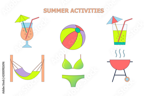 Modern summer activities icons set in soft gradient style. Collection includes cocktails, beach ball, hammock, barbecue grill and swimwear. Perfect for vacation ads, social media, travel websites, sea