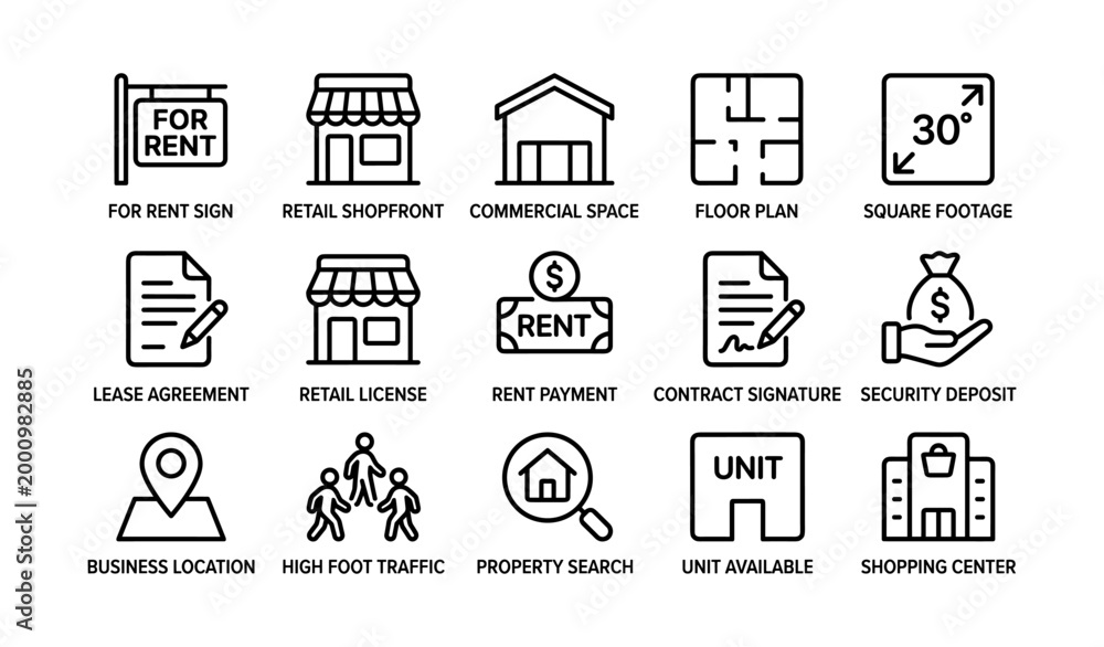 Fototapeta premium Commercial rental icons showing leasing and retail locations