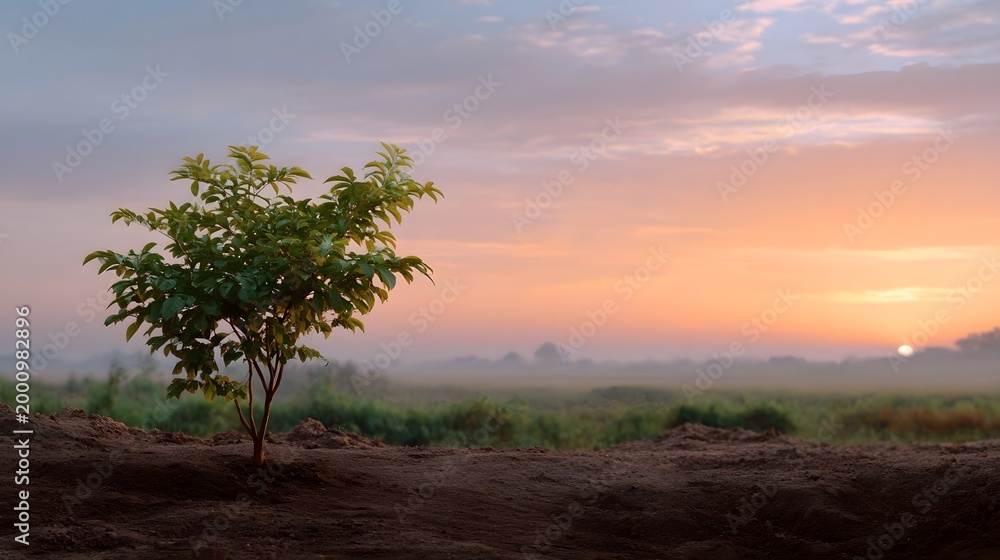 Fototapeta premium A delicate sapling planted in dark soil stands against a beautiful colorful sunrise or sunset sky
