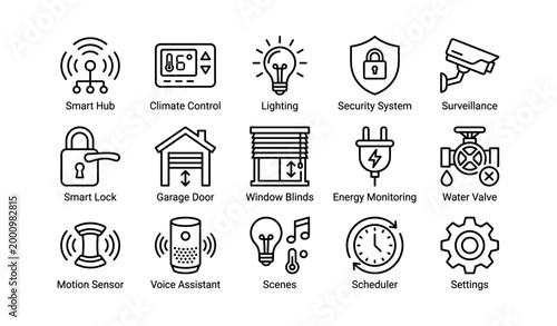 Set of smart home control icons arranged in grid on white background