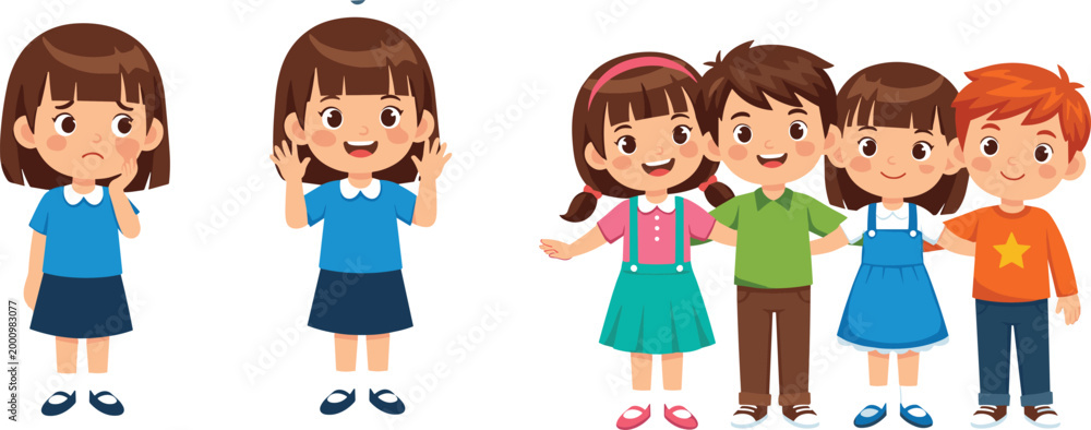 Obraz premium Cute children characters showing emotions and friendship with happy sad and smiling cartoon kids vector set