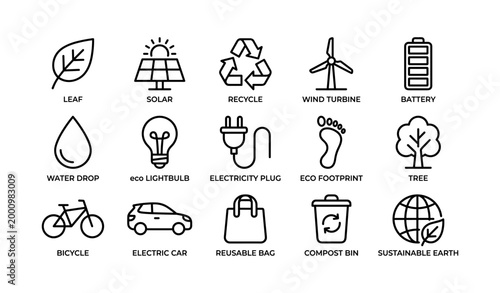 Sustainability icons representing eco concepts in grid