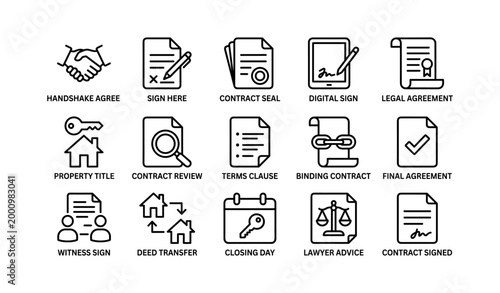 Grid of contract and legal icons showing agreement steps