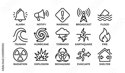 Emergency and hazard icons depicting alerts and disaster symbols