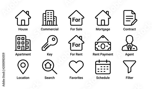 Real estate listing icons showing property and rental symbols
