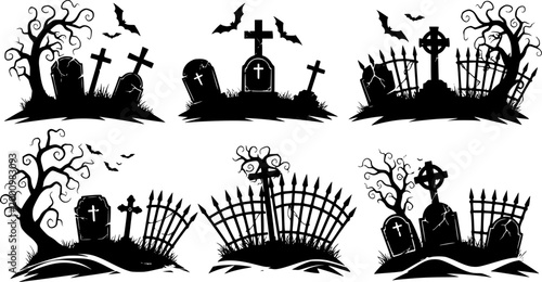 Halloween graveyard silhouettes. Creepy gravestones, tombstones and scary fences vector illustration set. Halloween graveyard spooky silhouettes