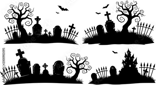 Halloween graveyard silhouettes. Creepy gravestones, tombstones and scary fences vector illustration set. Halloween graveyard spooky silhouettes
