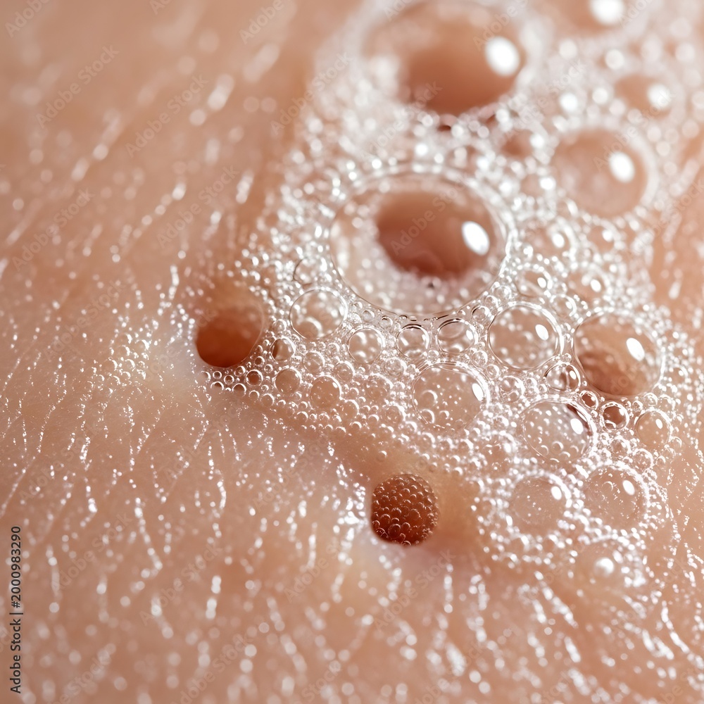Fototapeta premium Extreme close-up of soapy water bubbles forming on human skin texture