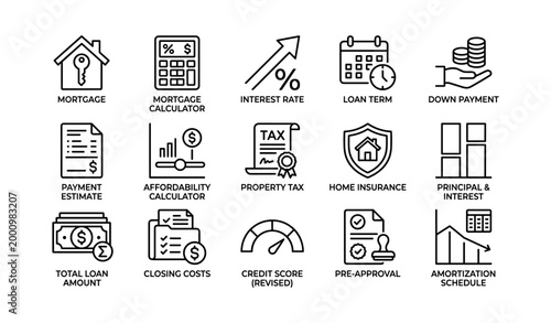 Mortgage icons showing loan terms and calculations on grid