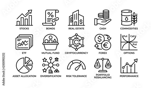 Investment icons illustrating asset classes and portfolio concepts