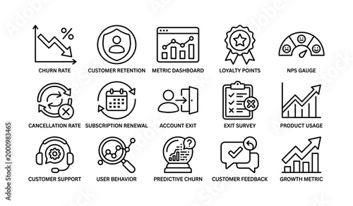 Customer churn and retention icons displayed on white background