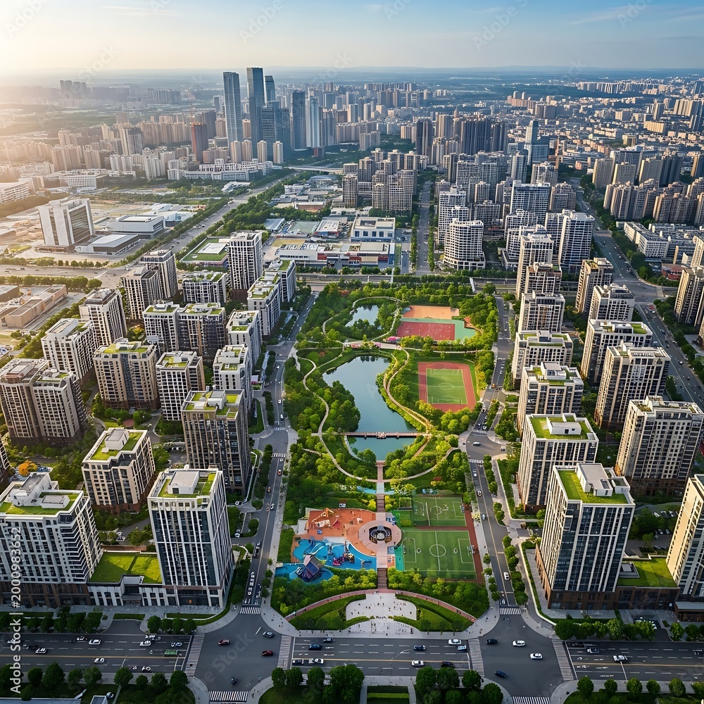 Fototapeta premium Expansive city skyline with park, lake, residential, and sports facilities