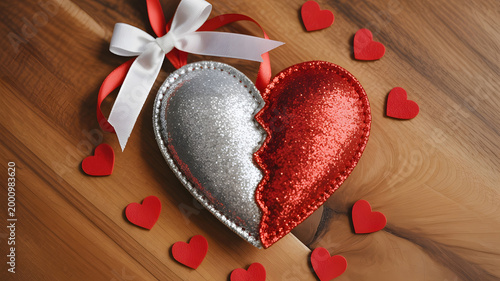Glittery broken heart on wooden background, silver and red shimmering heart halves with white ribbon, heartbreak and divorce concept