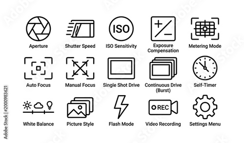 Camera setting icons illustrating exposure and focus controls