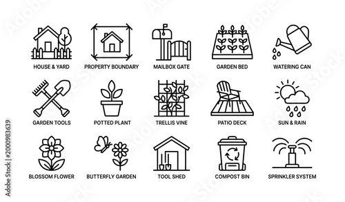 Garden and yard icons showing plants tools and outdoor features