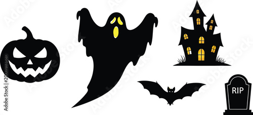 Halloween Silhouette Collection with Ghost, Jack-O-Lantern, Haunted House, and Bat