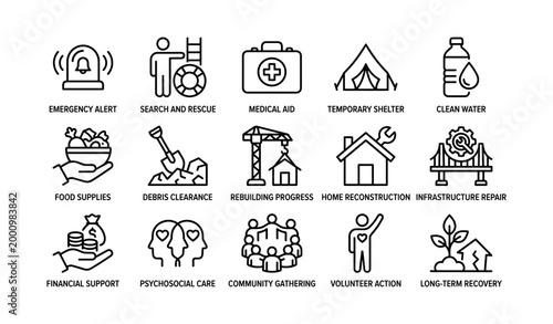 Disaster relief icons showing emergency response on white background