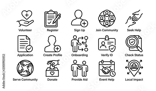 Volunteer and community icons showing support and actions