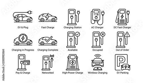 Electric vehicle charging icons showing station statuses