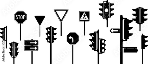 Minimalist black silhouettes of urban city street signs and traffic lights for design silhouette vector illustration white background